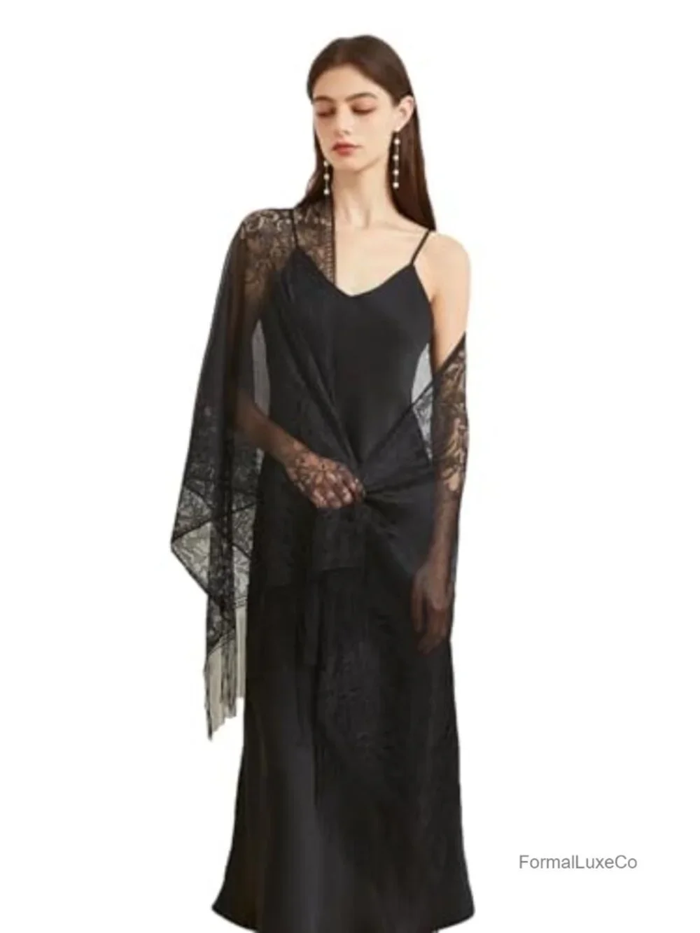Lace Shawl Wrap with Fringe Evening Wedding Floral Party